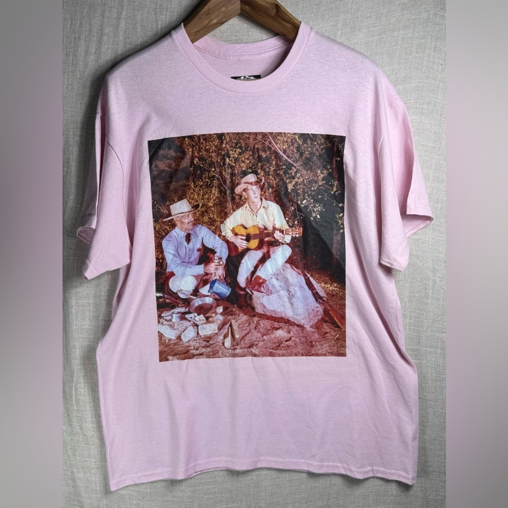Lawman Sort Sleeve Tee with Cowboys Around a Fire and Theme Song on Back